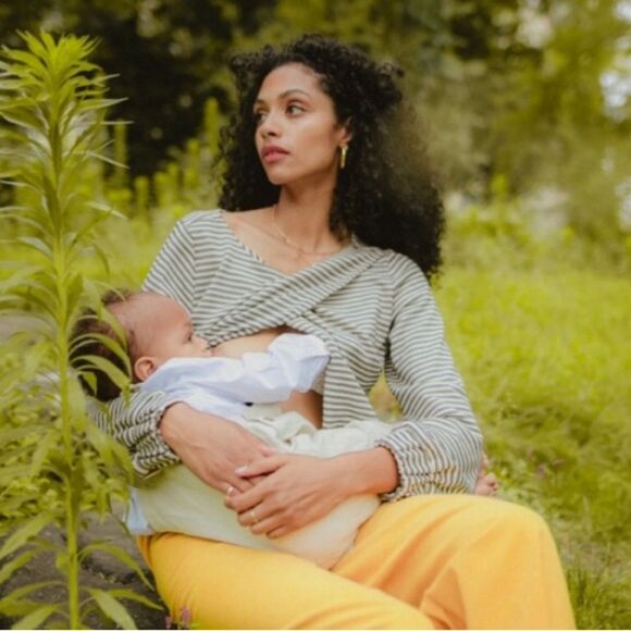 Madri Collection Nursing Crossover Sweater in Natural/Black Stripe Size Small - Picture 8 of 8